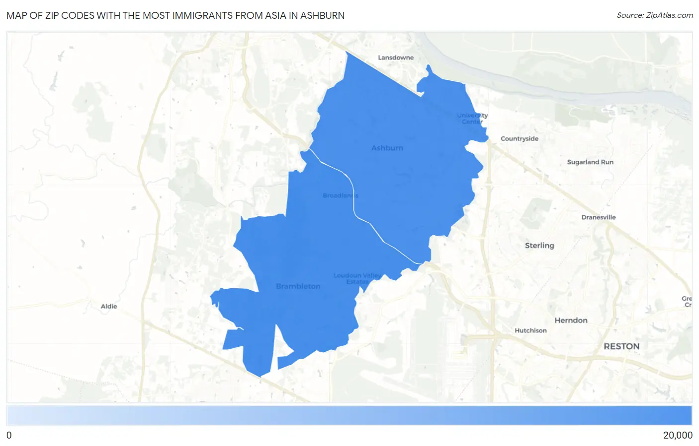Zip Codes with the Most Immigrants from Asia in Ashburn Map