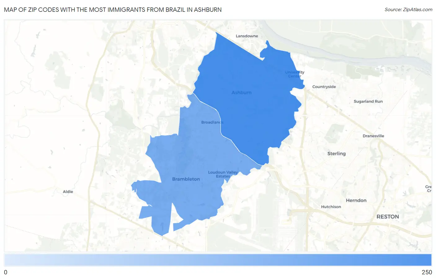 Zip Codes with the Most Immigrants from Brazil in Ashburn Map