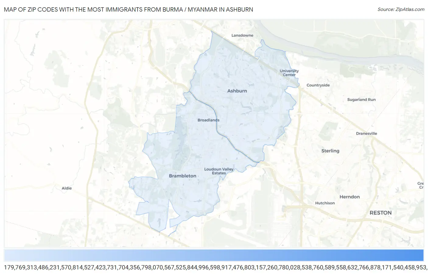 Zip Codes with the Most Immigrants from Burma / Myanmar in Ashburn Map