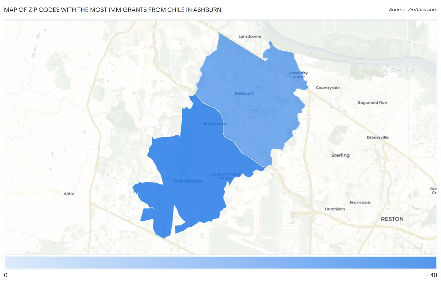 Zip Codes with the Most Immigrants from Chile in Ashburn Map