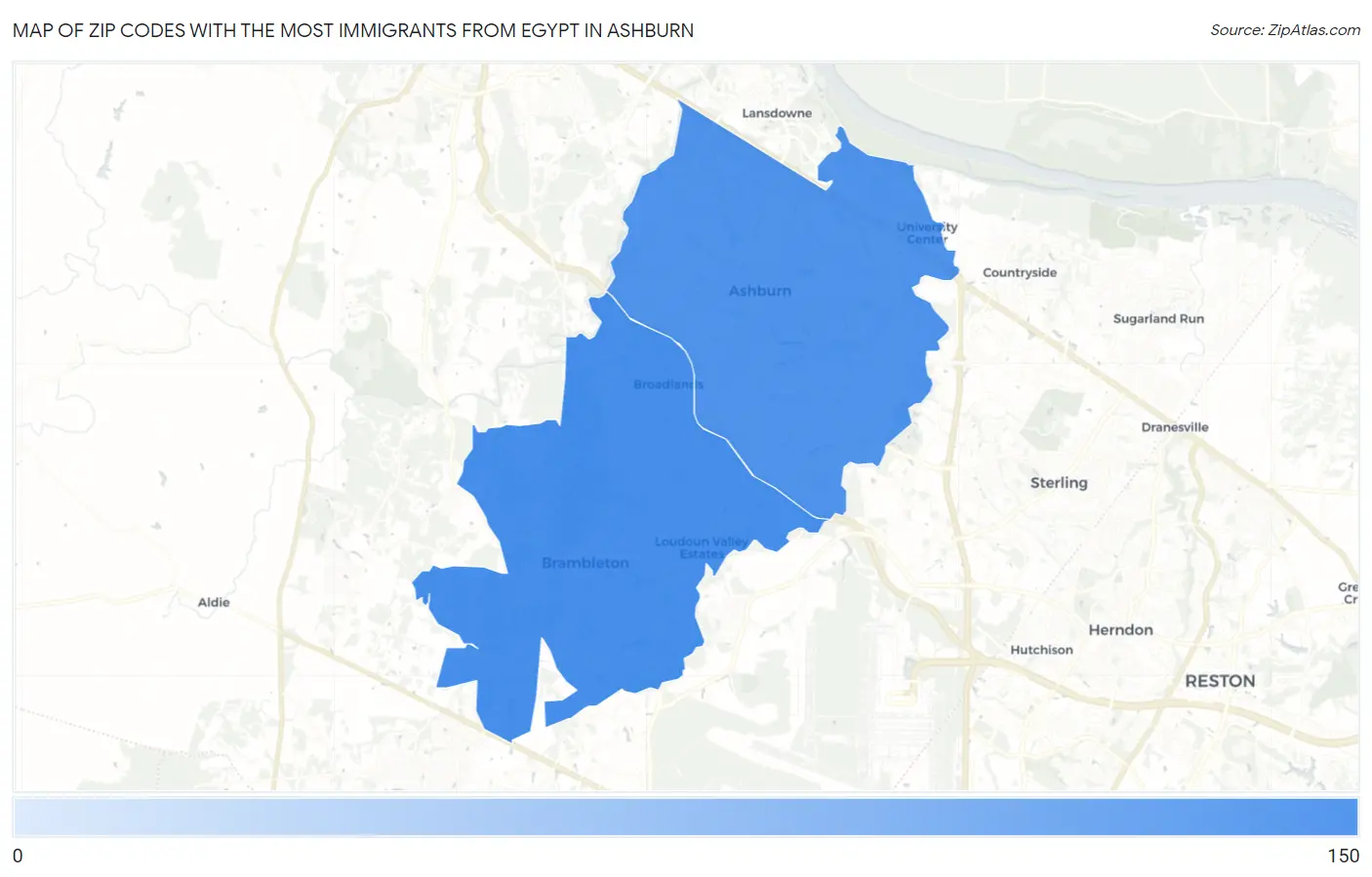 Zip Codes with the Most Immigrants from Egypt in Ashburn Map