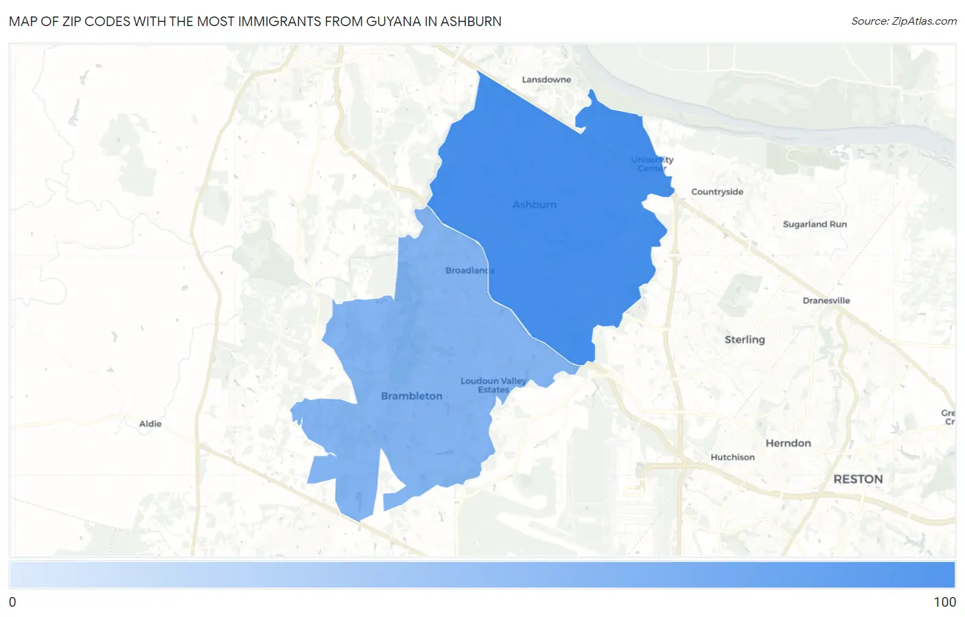 Zip Codes with the Most Immigrants from Guyana in Ashburn Map