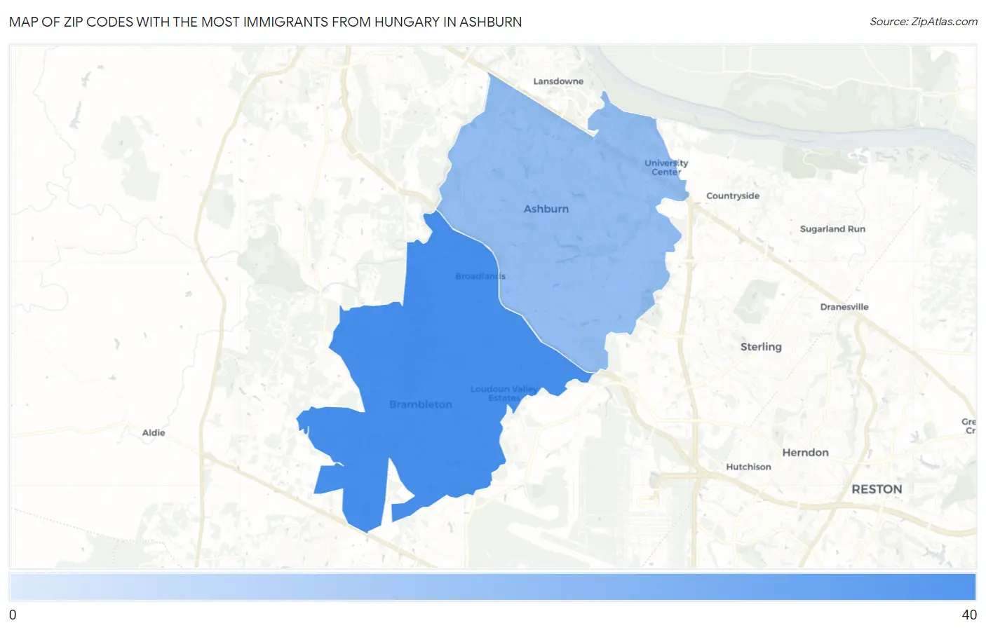 Zip Codes with the Most Immigrants from Hungary in Ashburn Map