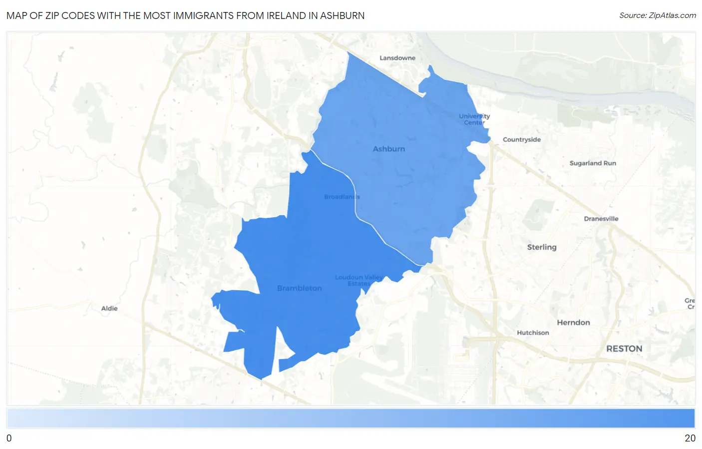 Zip Codes with the Most Immigrants from Ireland in Ashburn Map