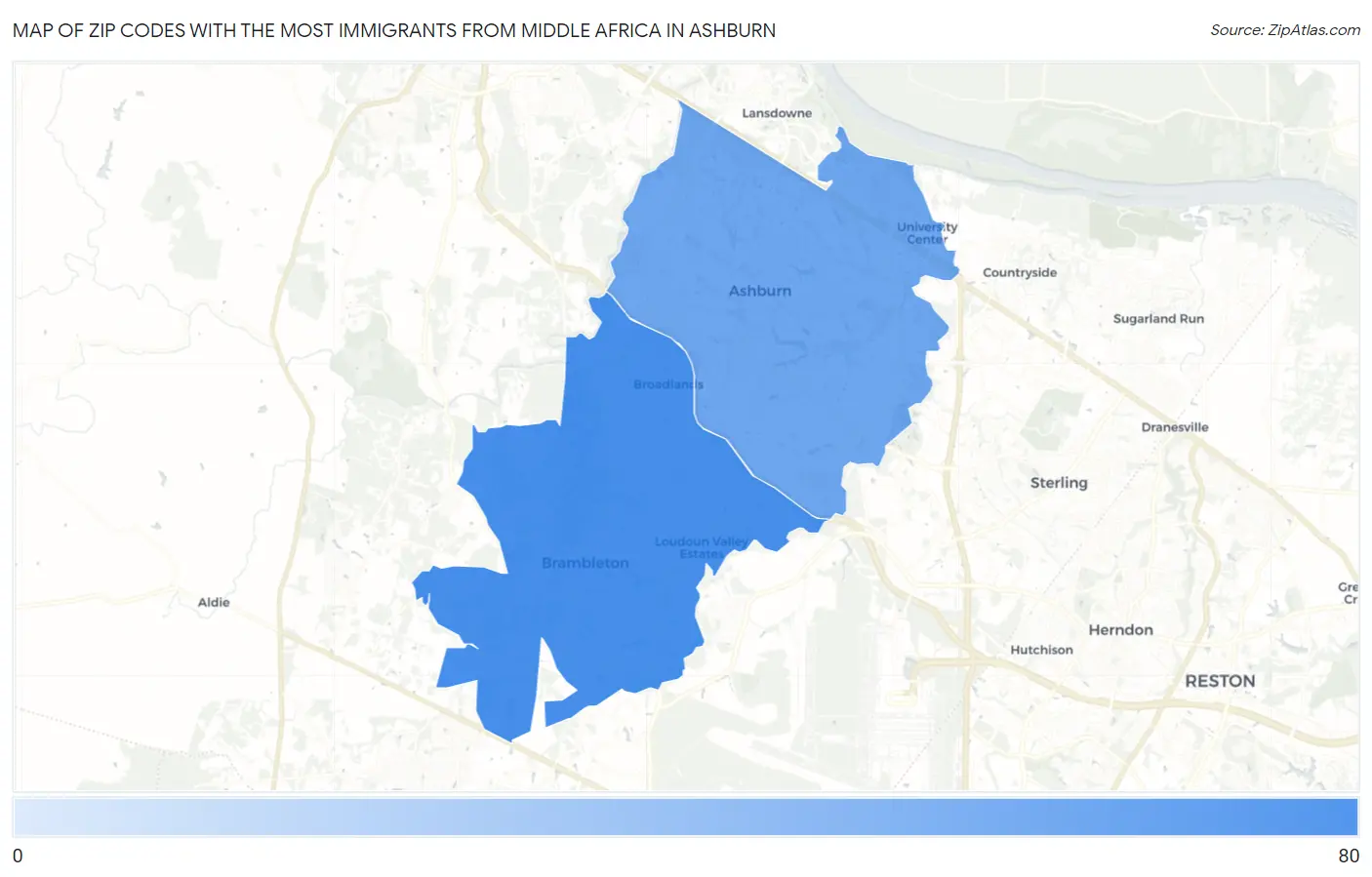 Zip Codes with the Most Immigrants from Middle Africa in Ashburn Map