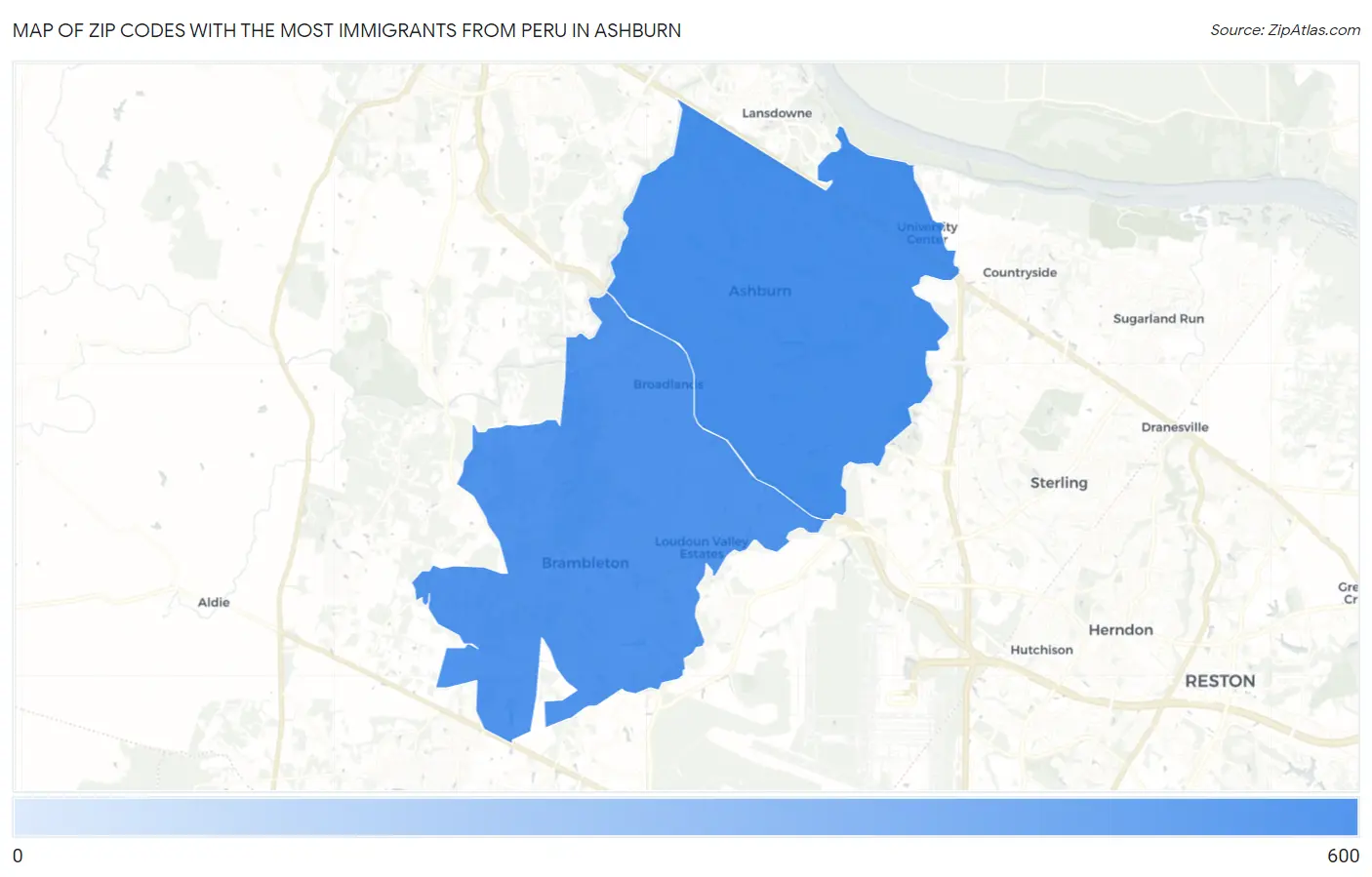 Zip Codes with the Most Immigrants from Peru in Ashburn Map