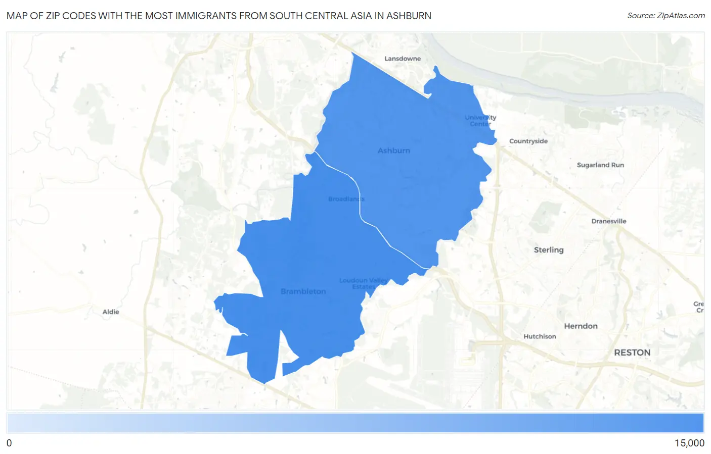 Zip Codes with the Most Immigrants from South Central Asia in Ashburn Map