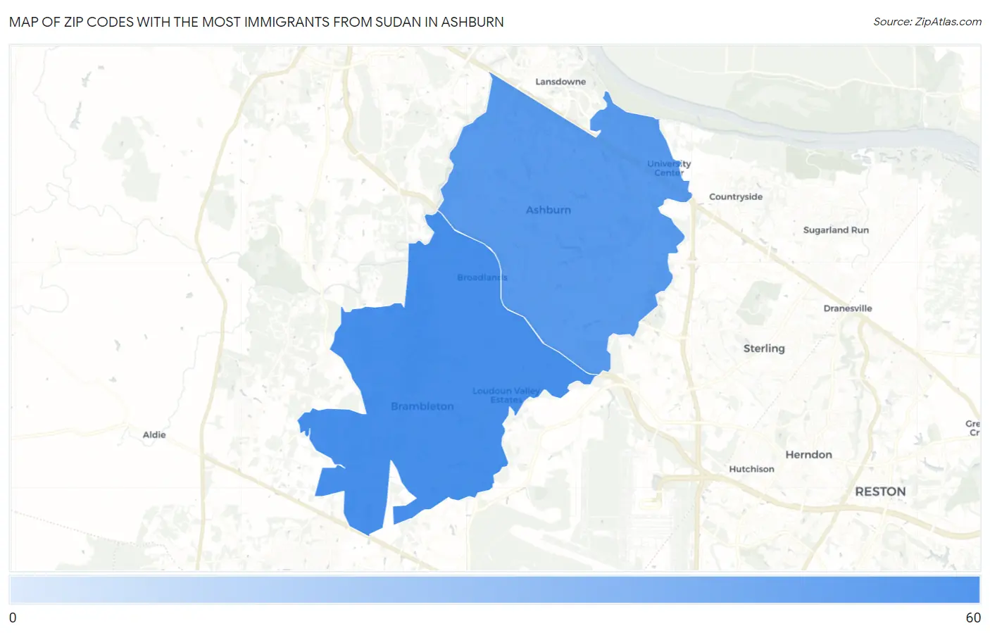 Zip Codes with the Most Immigrants from Sudan in Ashburn Map