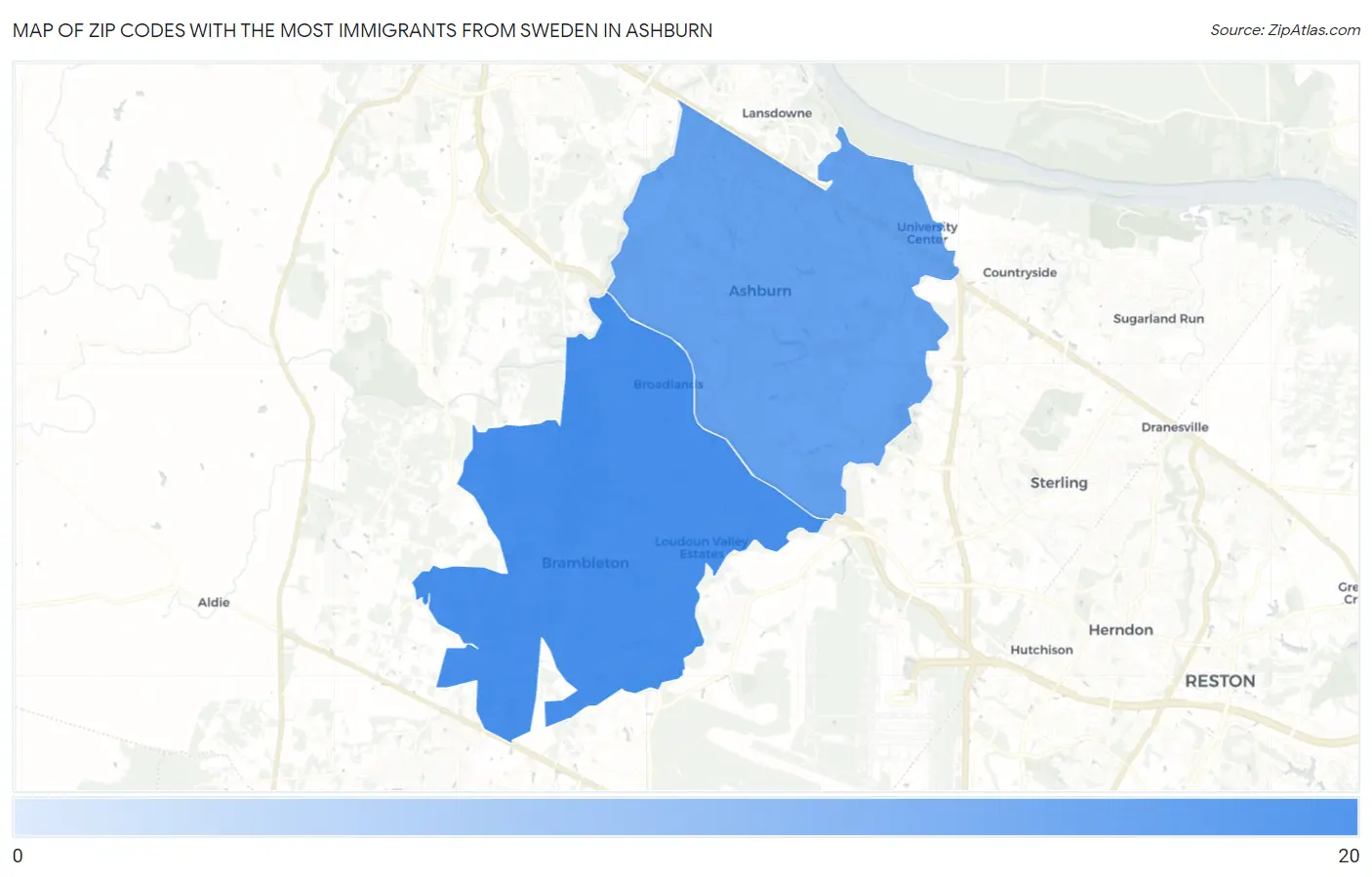 Zip Codes with the Most Immigrants from Sweden in Ashburn Map