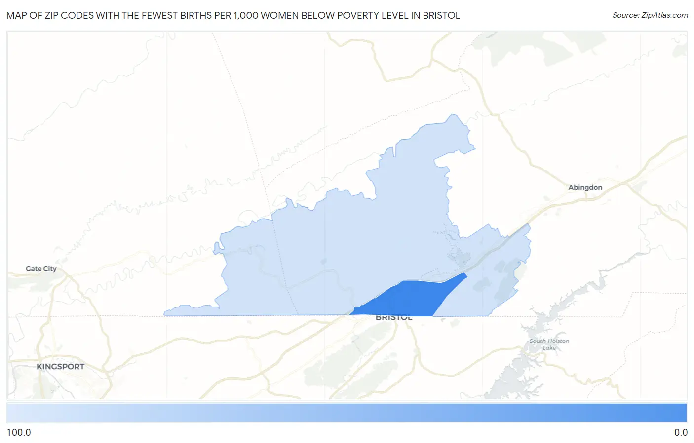 Zip Codes with the Fewest Births per 1,000 Women Below Poverty Level in Bristol Map
