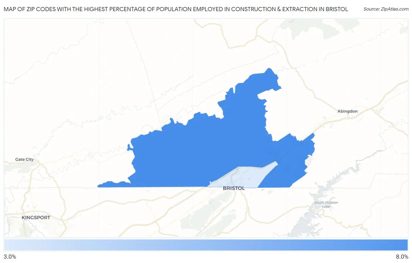 Zip Codes with the Highest Percentage of Population Employed in Construction & Extraction in Bristol Map