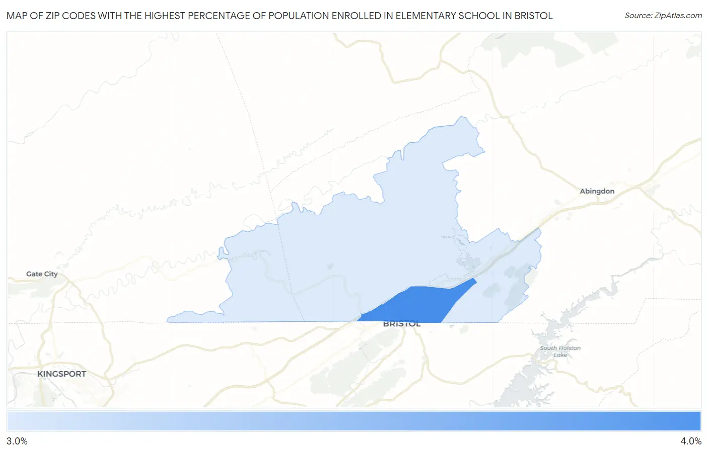 Zip Codes with the Highest Percentage of Population Enrolled in Elementary School in Bristol Map