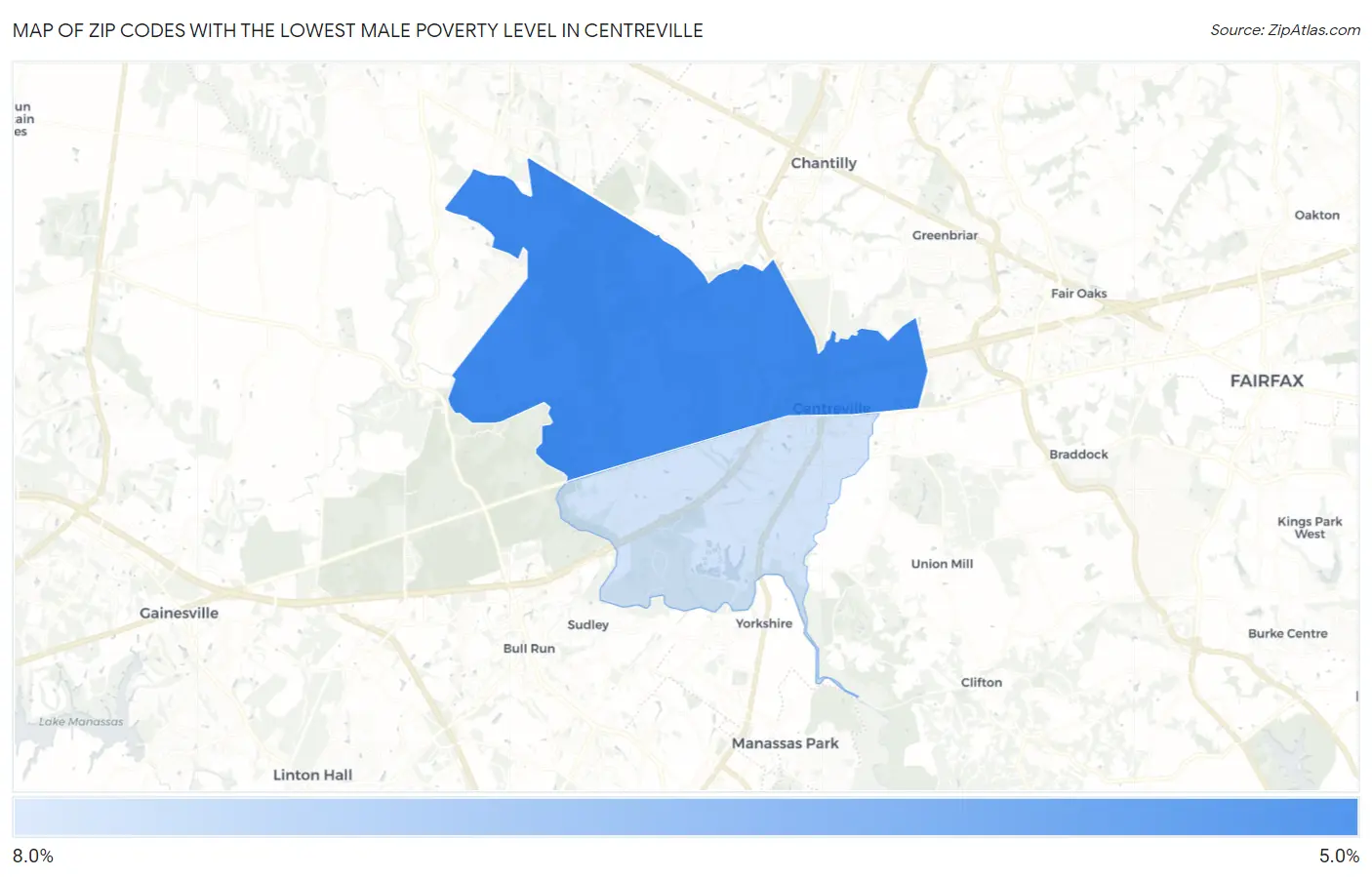 Zip Codes with the Lowest Male Poverty Level in Centreville Map