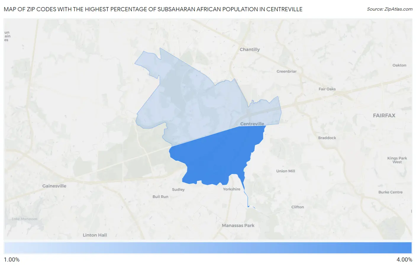 Zip Codes with the Highest Percentage of Subsaharan African Population in Centreville Map
