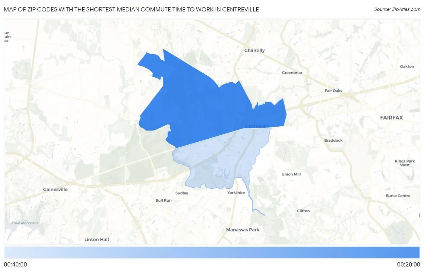 Zip Codes with the Shortest Median Commute Time to Work in Centreville Map