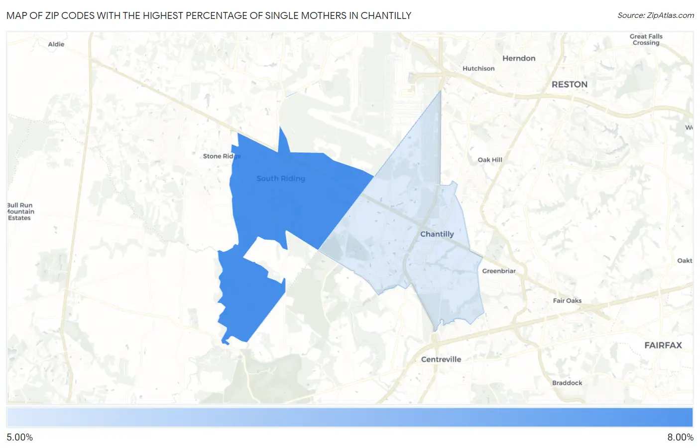 Zip Codes with the Highest Percentage of Single Mothers in Chantilly Map