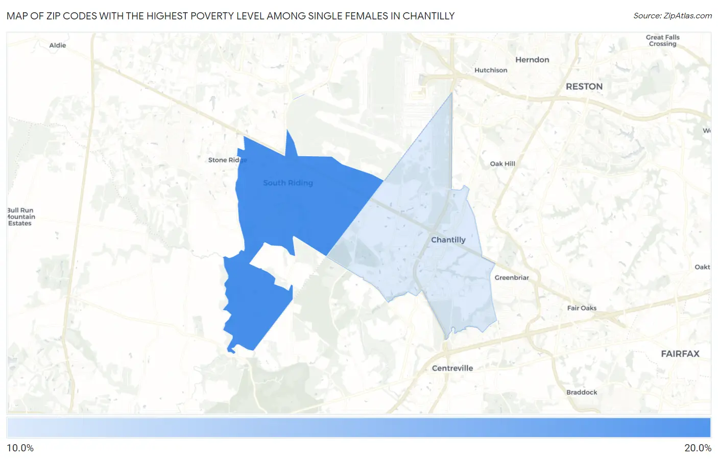 Zip Codes with the Highest Poverty Level Among Single Females in Chantilly Map