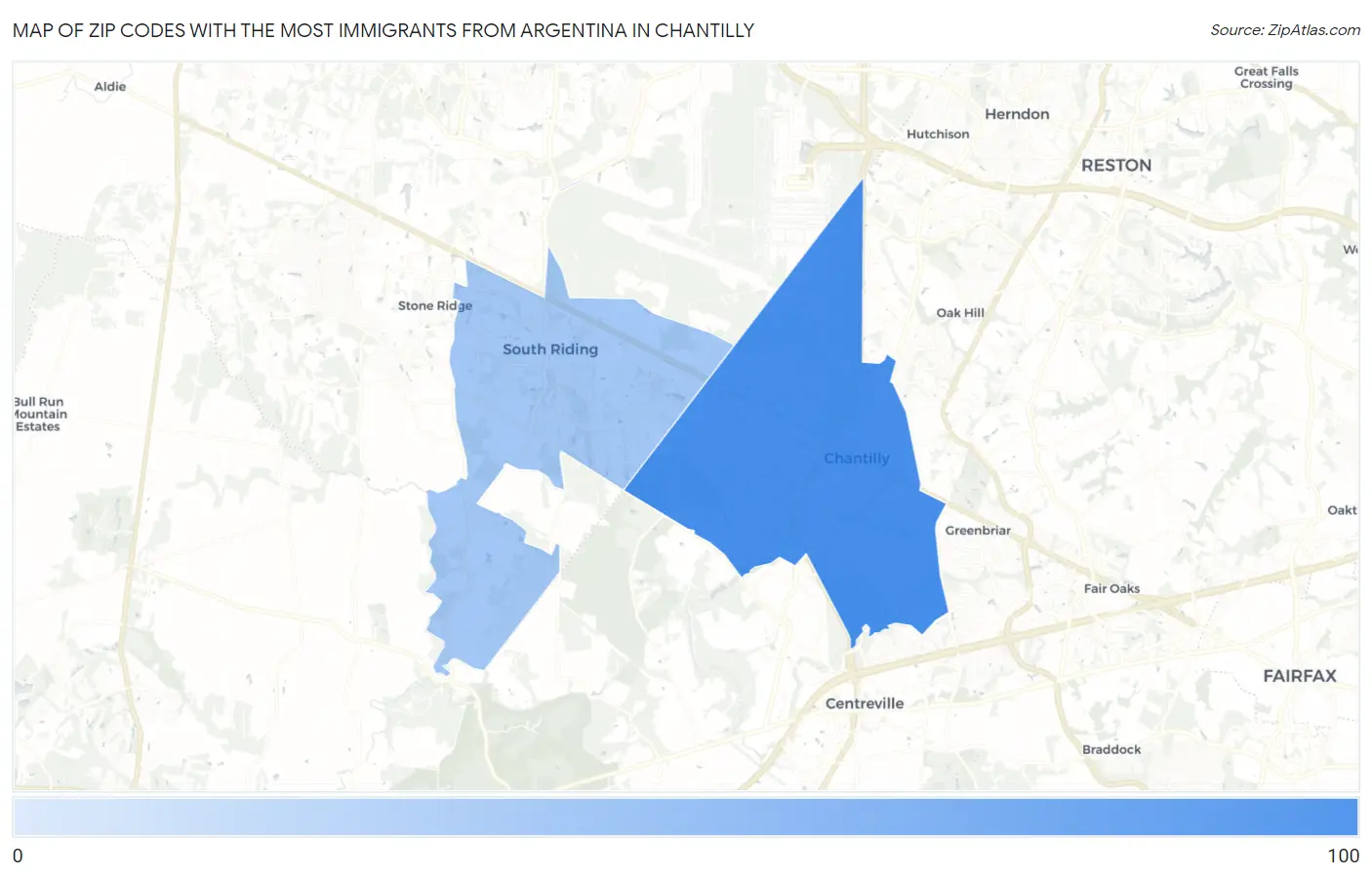 Zip Codes with the Most Immigrants from Argentina in Chantilly Map
