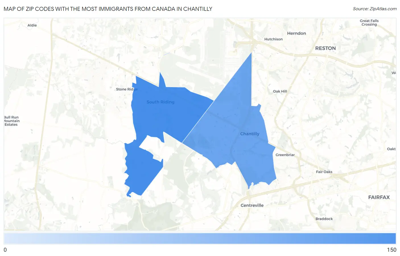 Zip Codes with the Most Immigrants from Canada in Chantilly Map