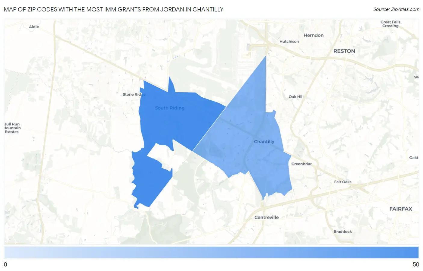 Zip Codes with the Most Immigrants from Jordan in Chantilly Map
