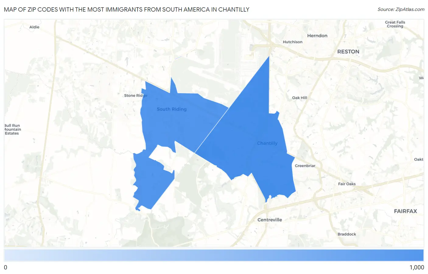 Zip Codes with the Most Immigrants from South America in Chantilly Map
