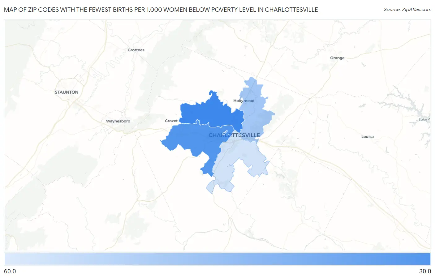 Zip Codes with the Fewest Births per 1,000 Women Below Poverty Level in Charlottesville Map