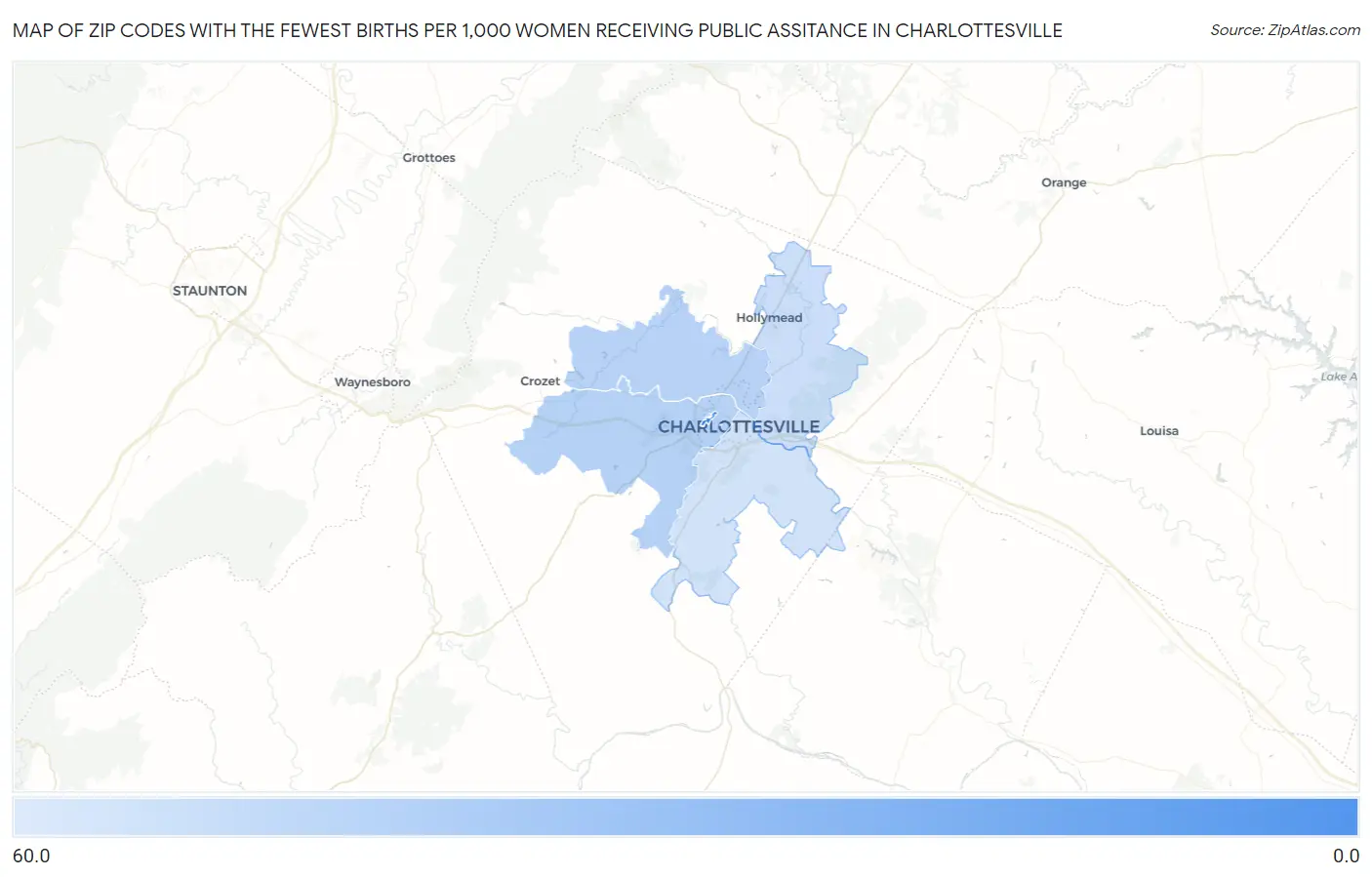 Zip Codes with the Fewest Births per 1,000 Women Receiving Public Assitance in Charlottesville Map