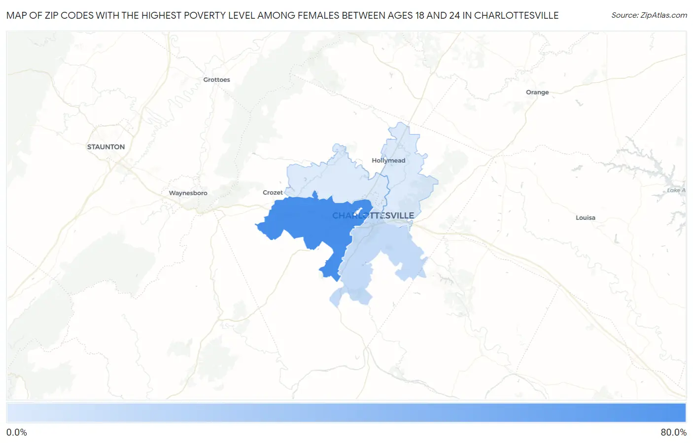 Zip Codes with the Highest Poverty Level Among Females Between Ages 18 and 24 in Charlottesville Map