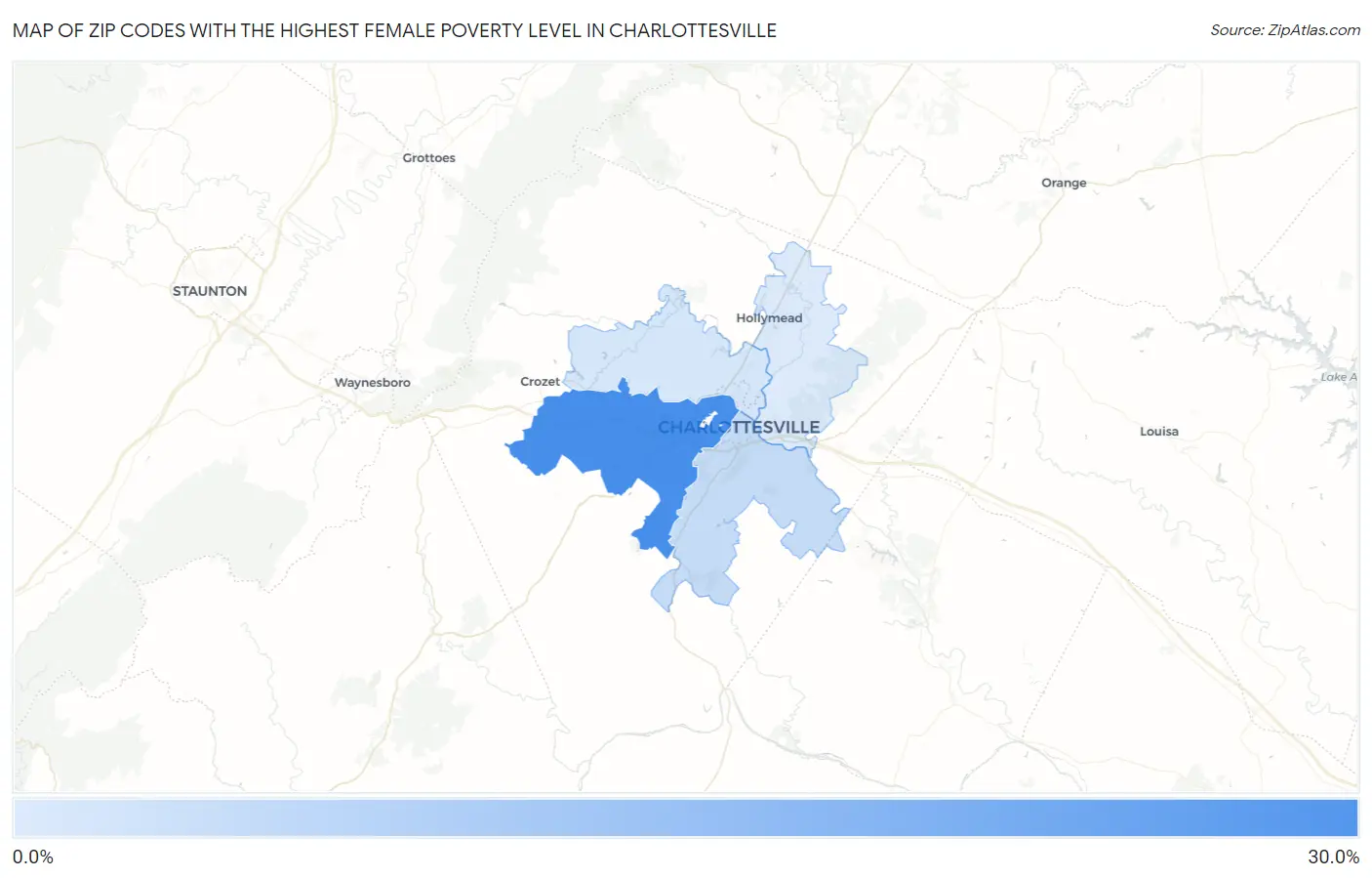 Zip Codes with the Highest Female Poverty Level in Charlottesville Map