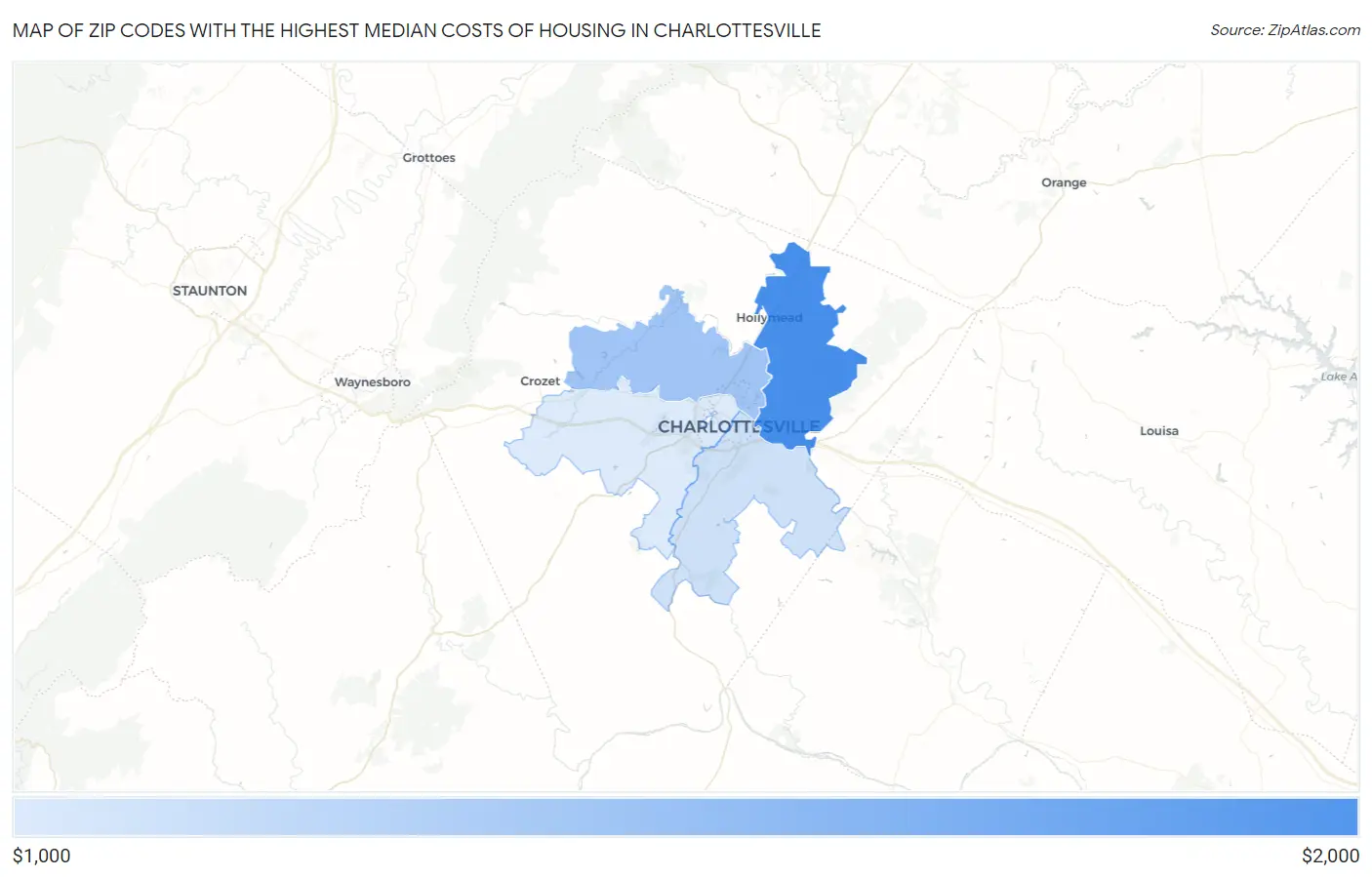 Zip Codes with the Highest Median Costs of Housing in Charlottesville Map