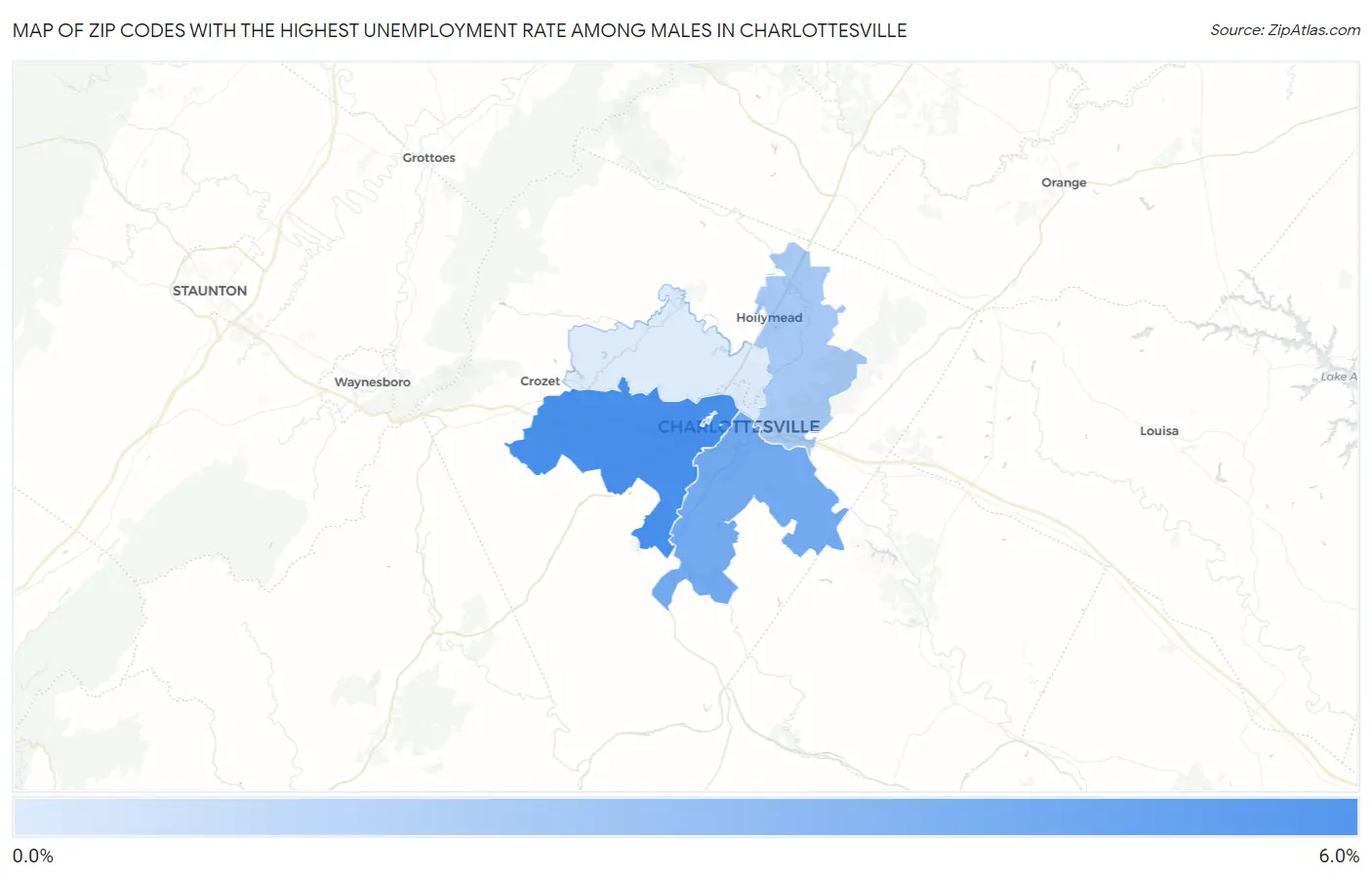 Zip Codes with the Highest Unemployment Rate Among Males in Charlottesville Map