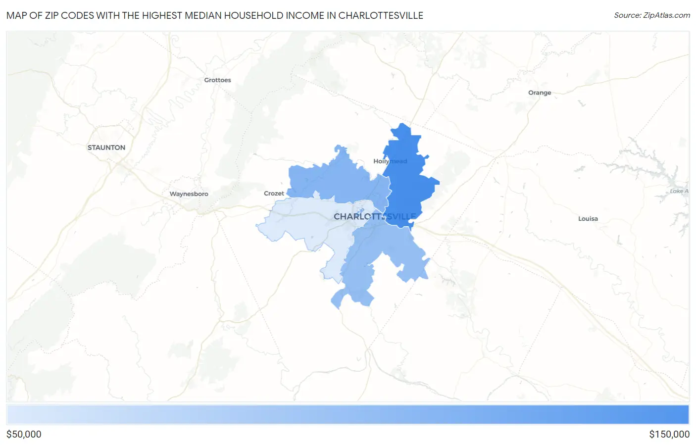 Zip Codes with the Highest Median Household Income in Charlottesville Map
