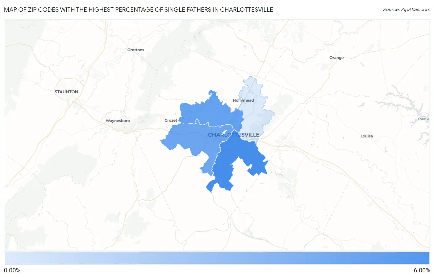 Zip Codes with the Highest Percentage of Single Fathers in Charlottesville Map