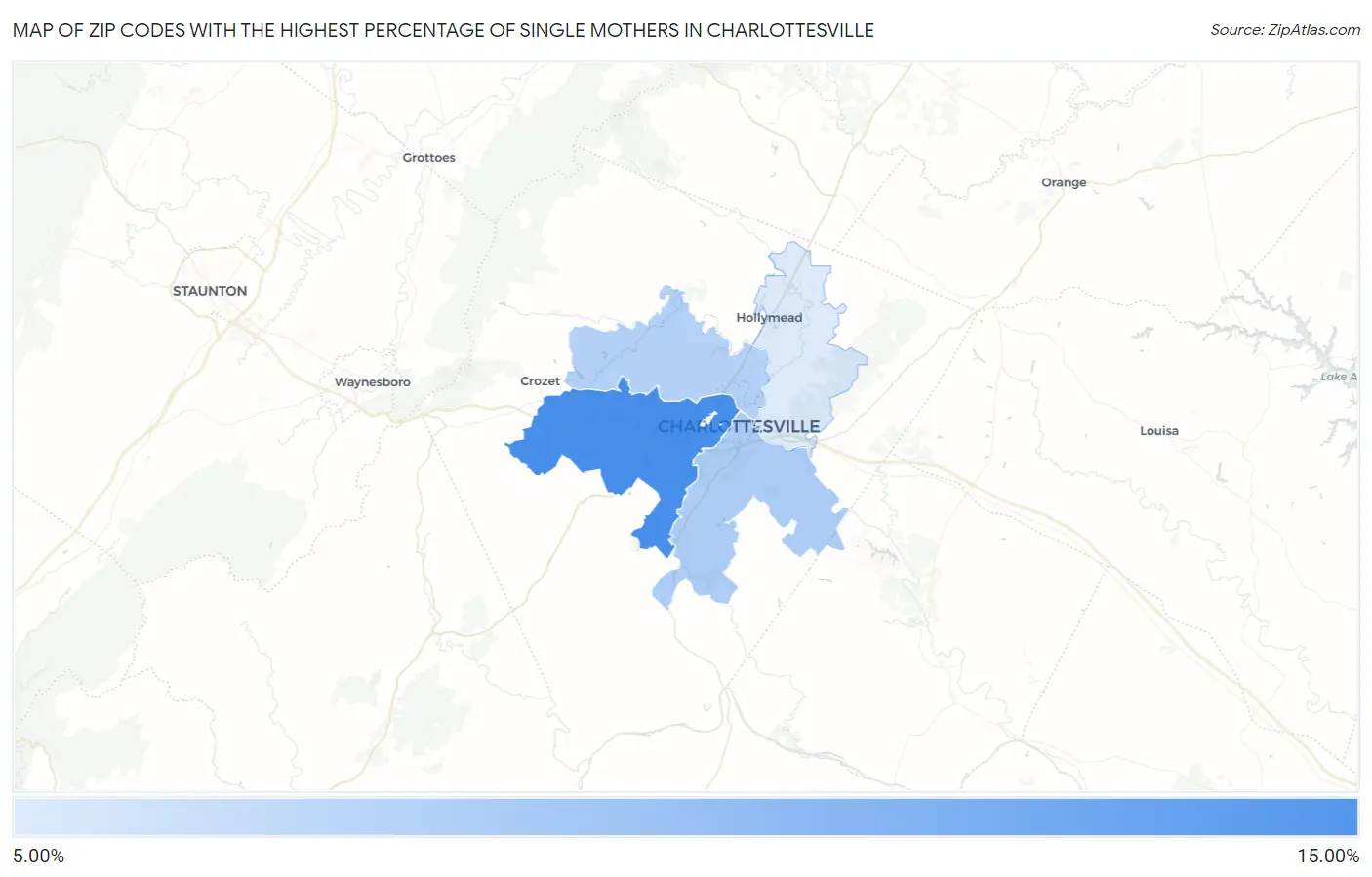 Zip Codes with the Highest Percentage of Single Mothers in Charlottesville Map