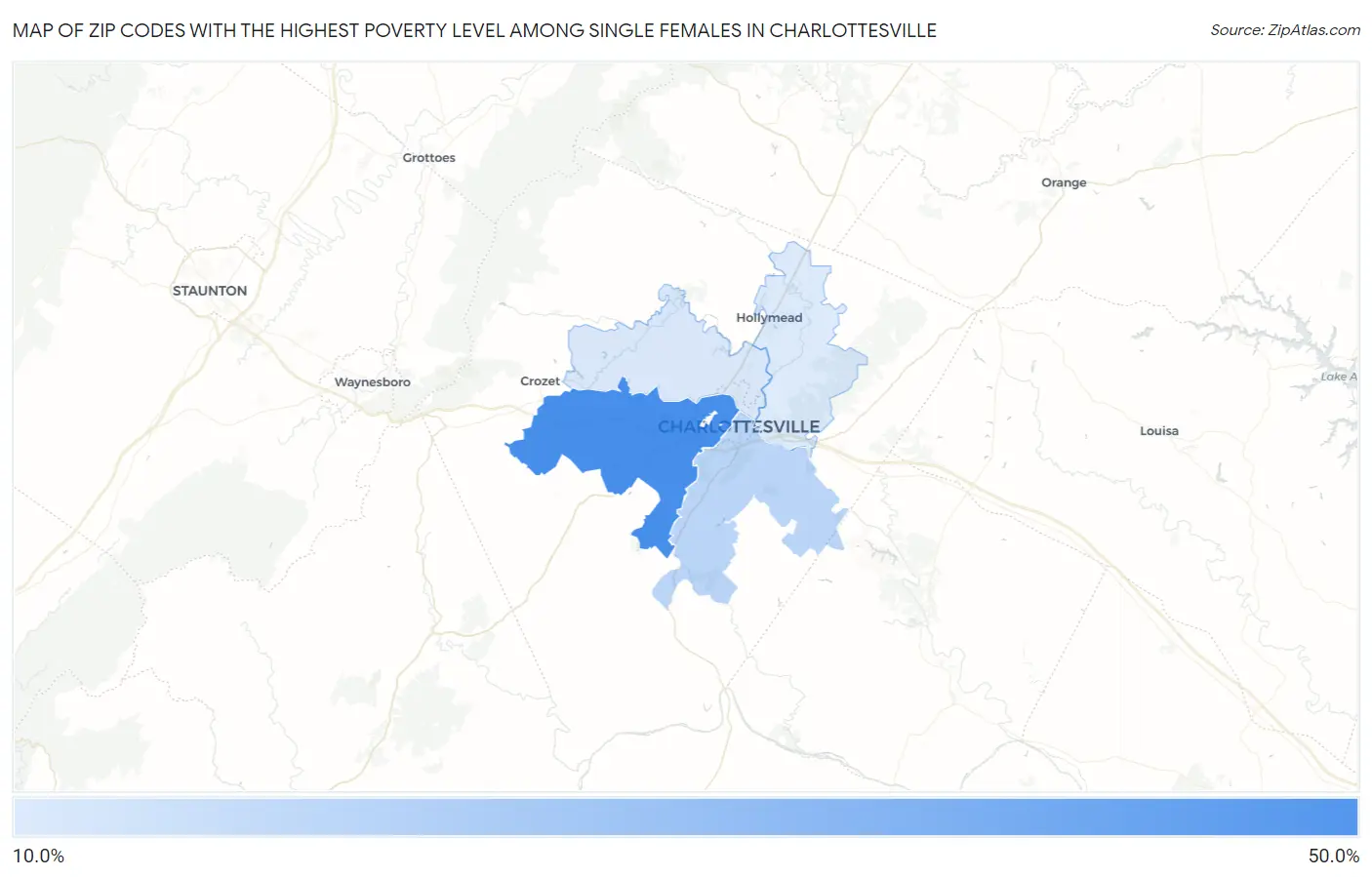 Zip Codes with the Highest Poverty Level Among Single Females in Charlottesville Map
