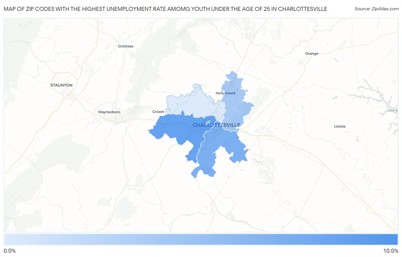 Zip Codes with the Highest Unemployment Rate Amomg Youth Under the Age of 25 in Charlottesville Map