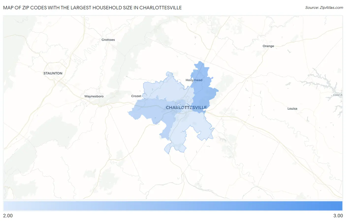 Zip Codes with the Largest Household Size in Charlottesville Map