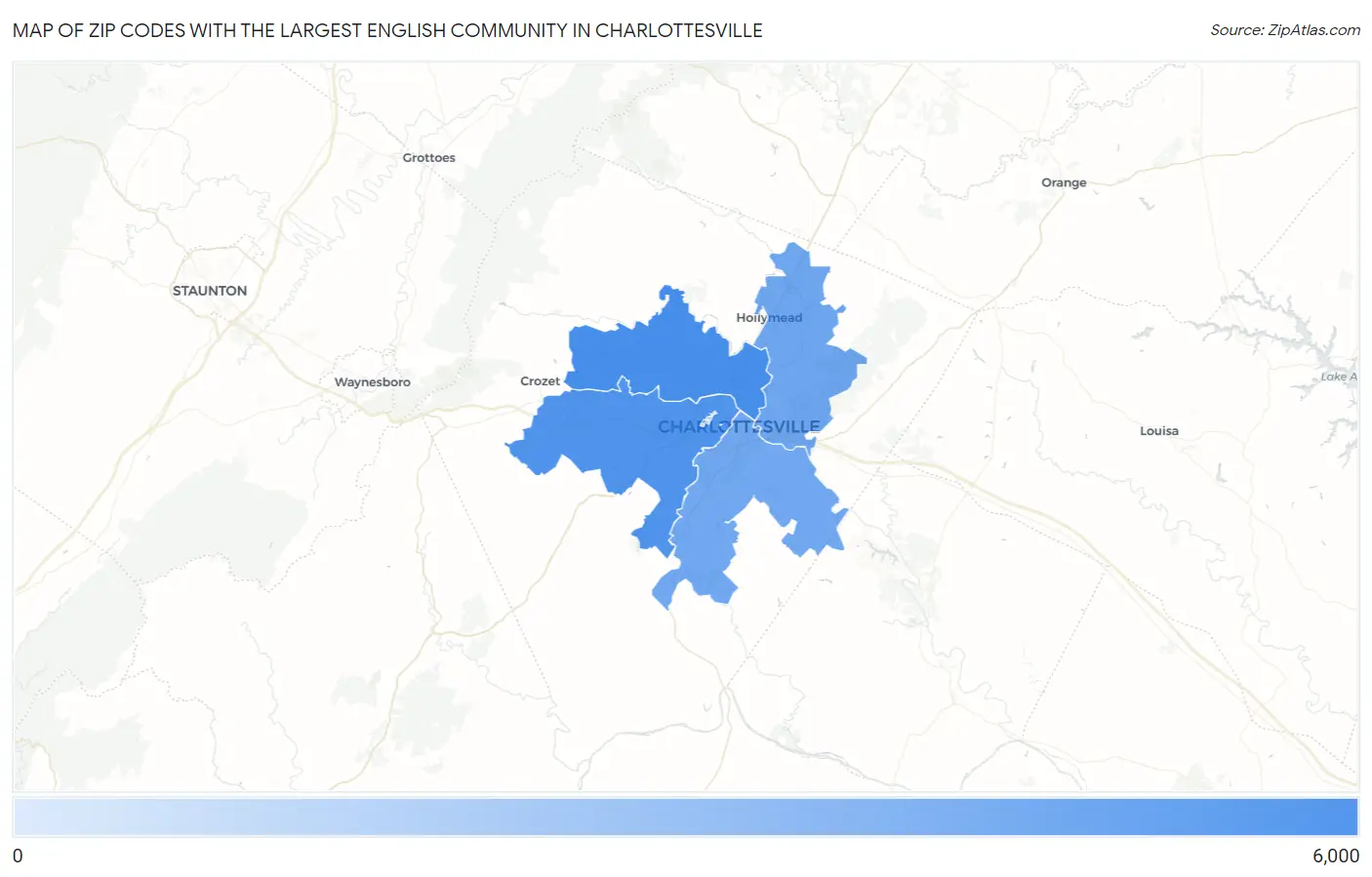 Zip Codes with the Largest English Community in Charlottesville Map