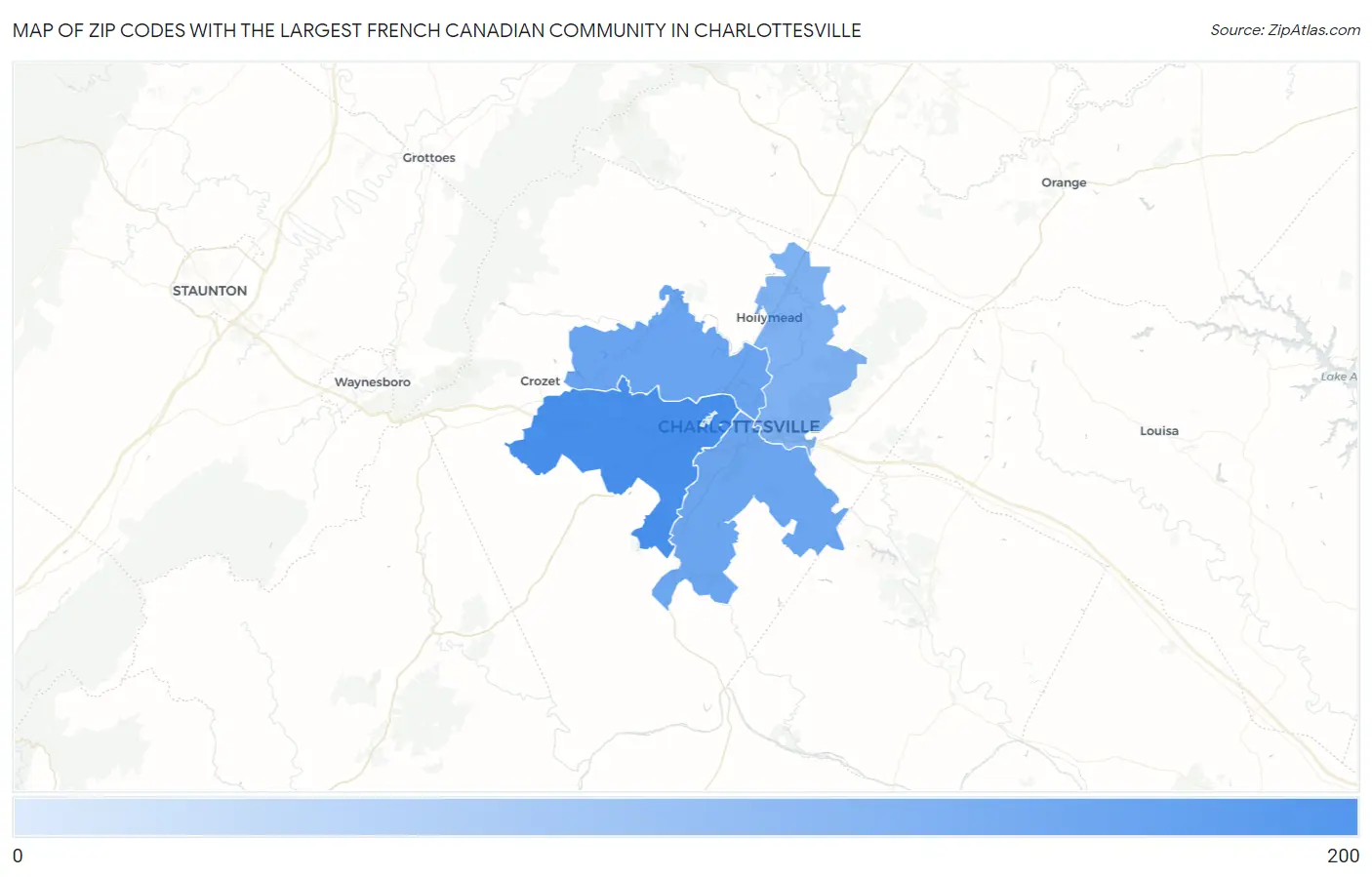 Zip Codes with the Largest French Canadian Community in Charlottesville Map