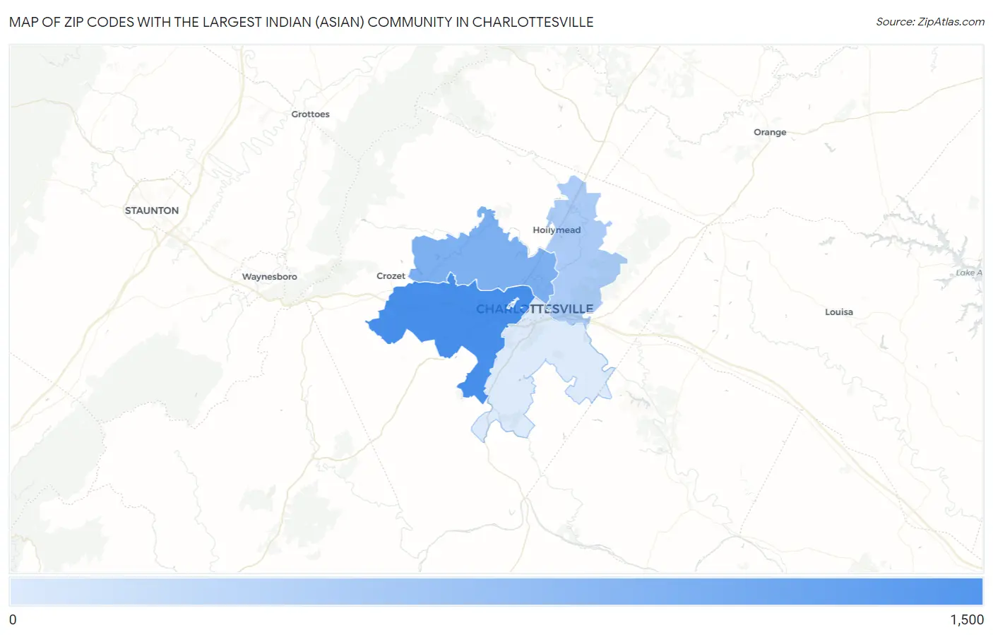 Zip Codes with the Largest Indian (Asian) Community in Charlottesville Map