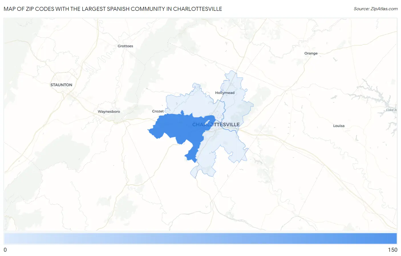 Zip Codes with the Largest Spanish Community in Charlottesville Map
