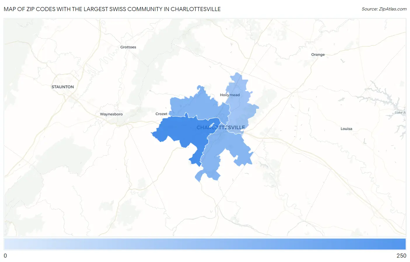 Zip Codes with the Largest Swiss Community in Charlottesville Map
