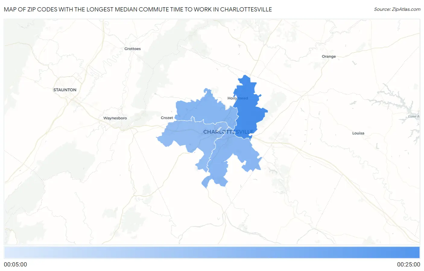 Zip Codes with the Longest Median Commute Time to Work in Charlottesville Map