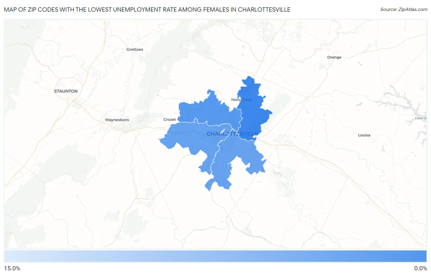 Zip Codes with the Lowest Unemployment Rate Among Females in Charlottesville Map