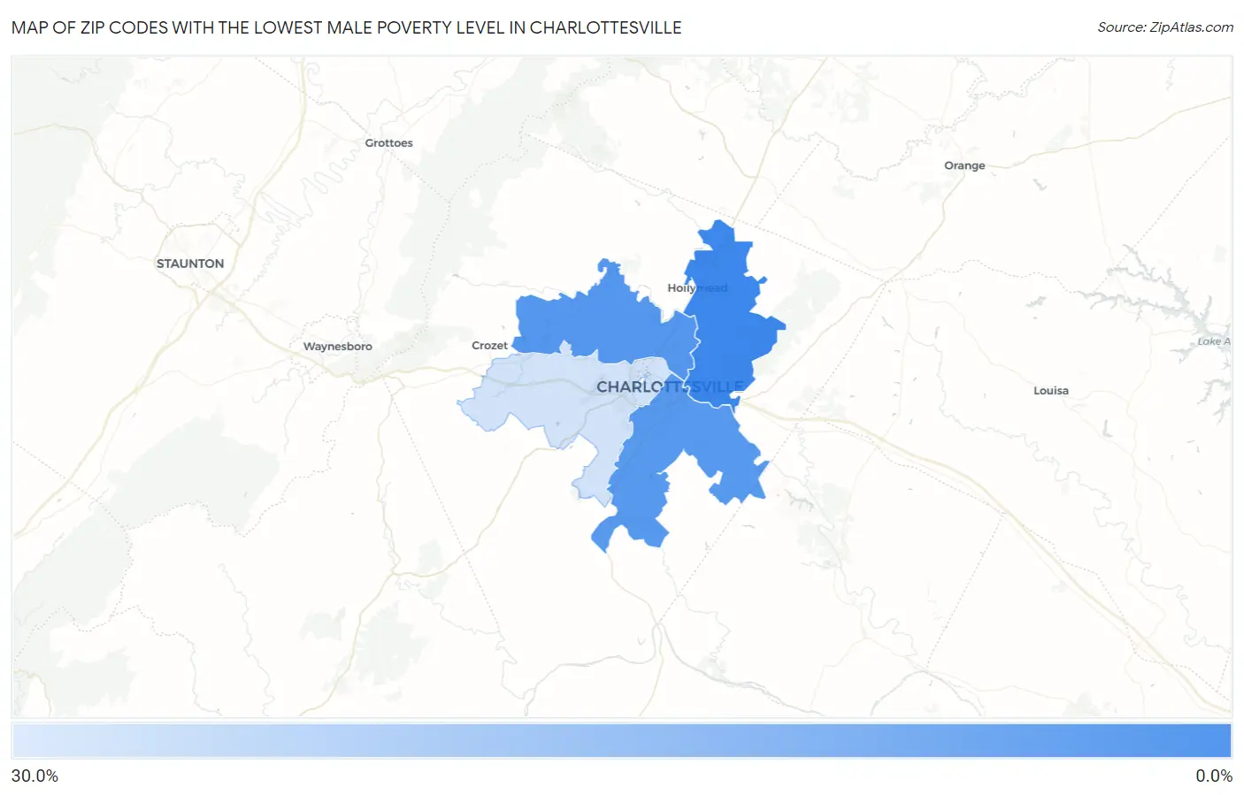 Zip Codes with the Lowest Male Poverty Level in Charlottesville Map