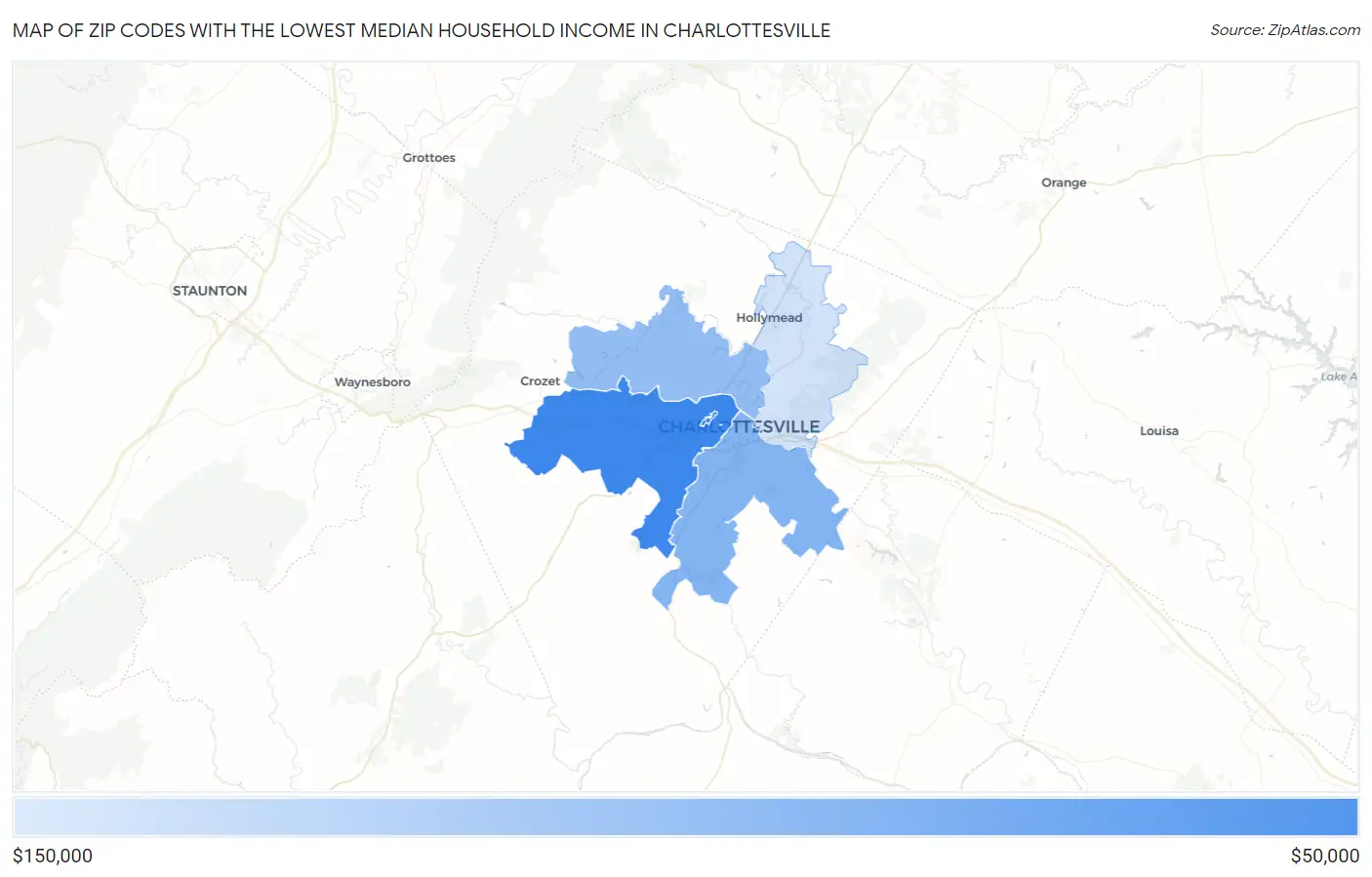 Zip Codes with the Lowest Median Household Income in Charlottesville Map