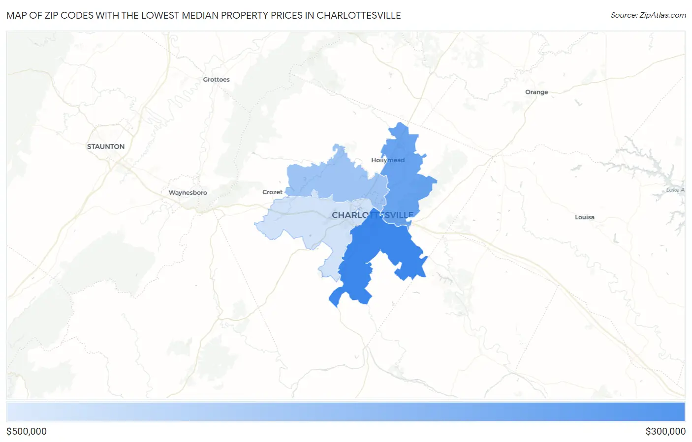 Zip Codes with the Lowest Median Property Prices in Charlottesville Map
