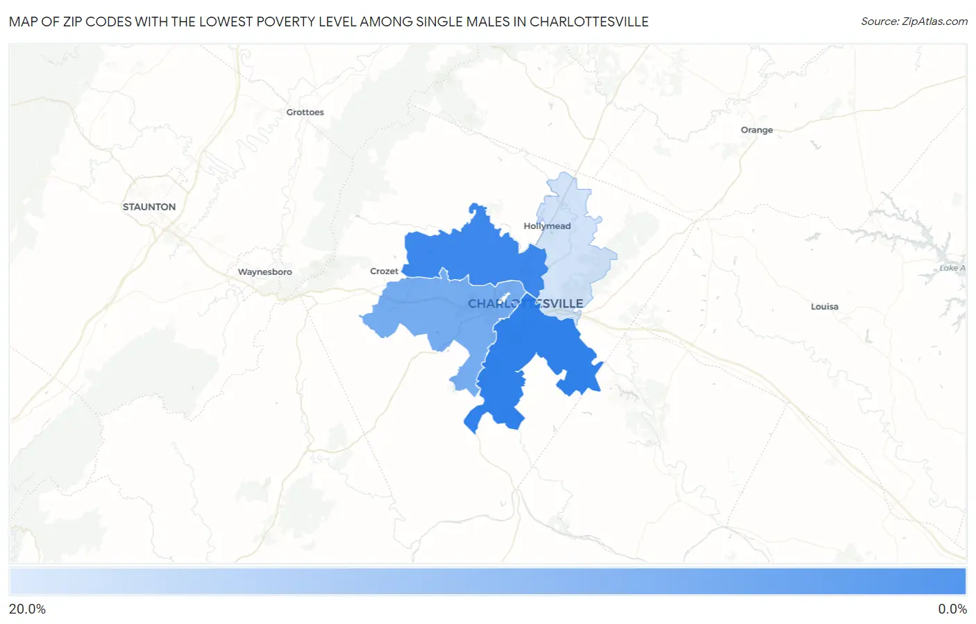 Zip Codes with the Lowest Poverty Level Among Single Males in Charlottesville Map