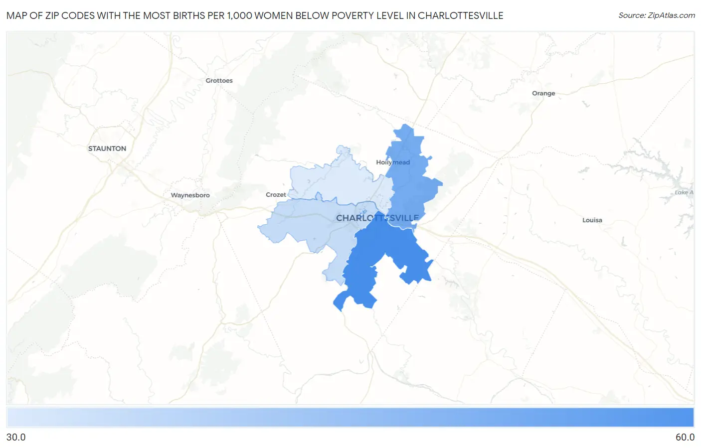 Zip Codes with the Most Births per 1,000 Women Below Poverty Level in Charlottesville Map