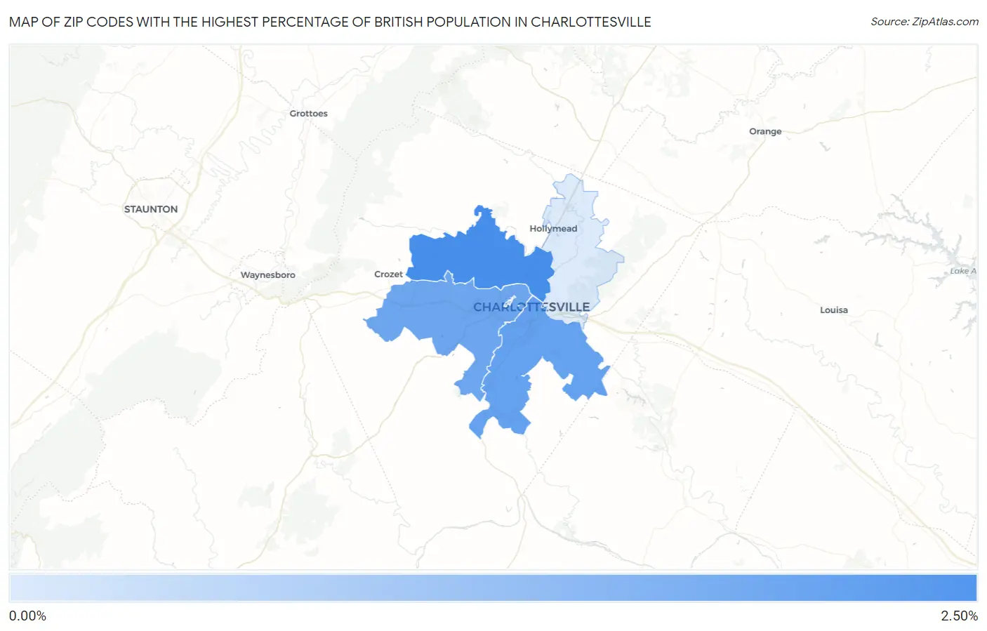 Zip Codes with the Highest Percentage of British Population in Charlottesville Map